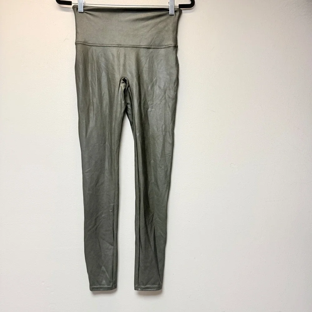 Spanx Faux Leather Leggings Womens‎ Large Olive Green Excellent High Waist 9813